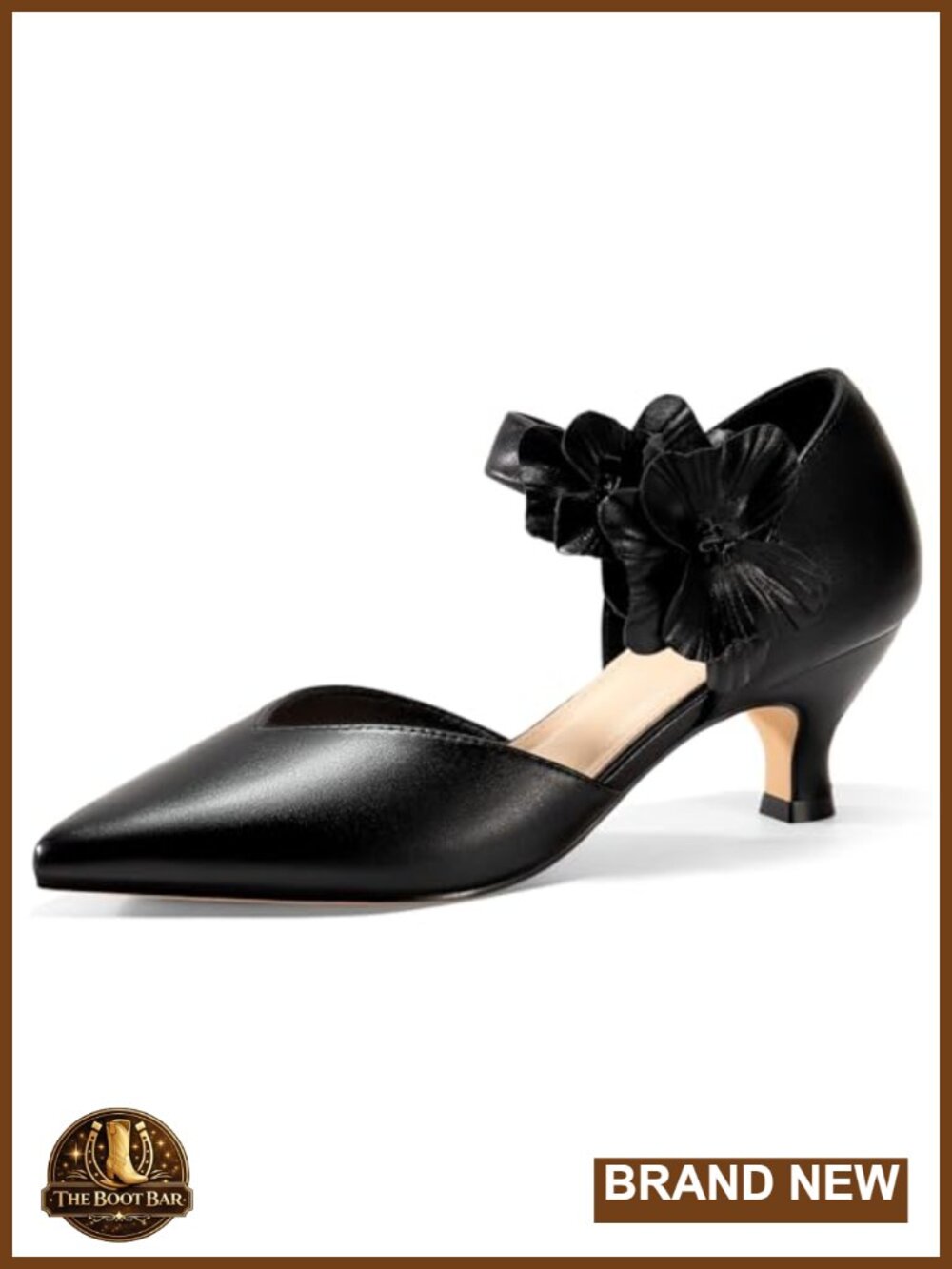 Coutgo Faux Leather Kitten Heel Pumps with Floral Pointed Toe Slip-On